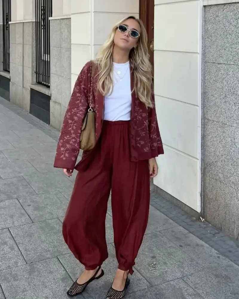 Burgundy Kimono Jacket Over White Tee and Matching Trousers