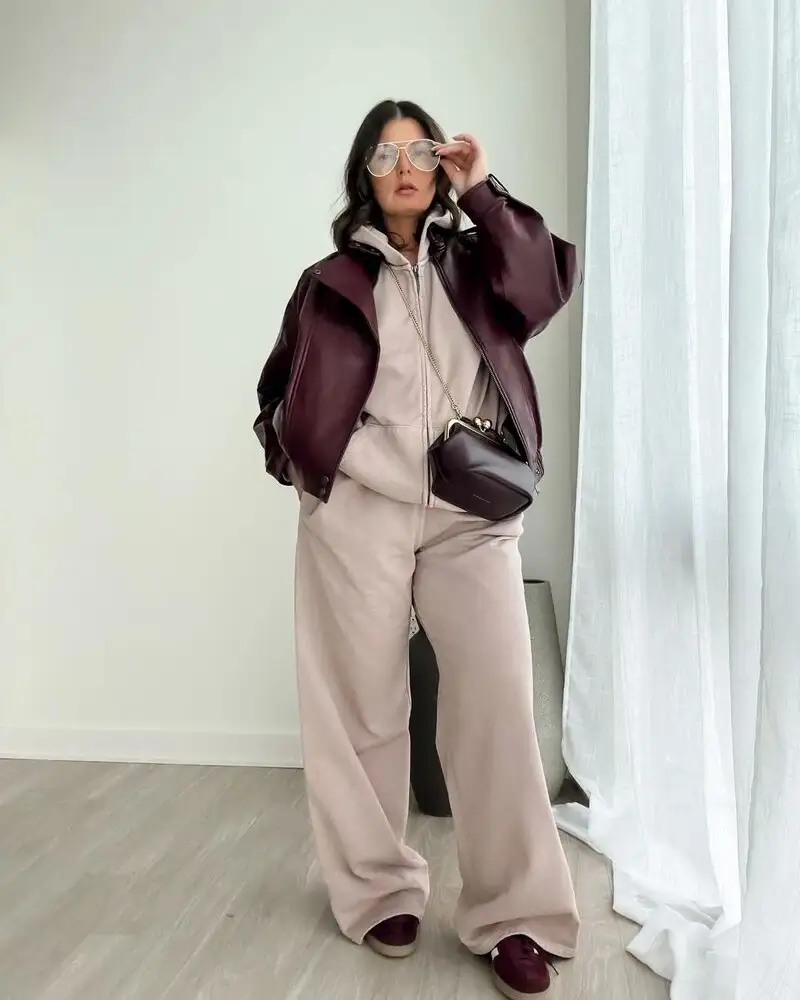 Burgundy Leather Jacket + Matching Sweatsuit