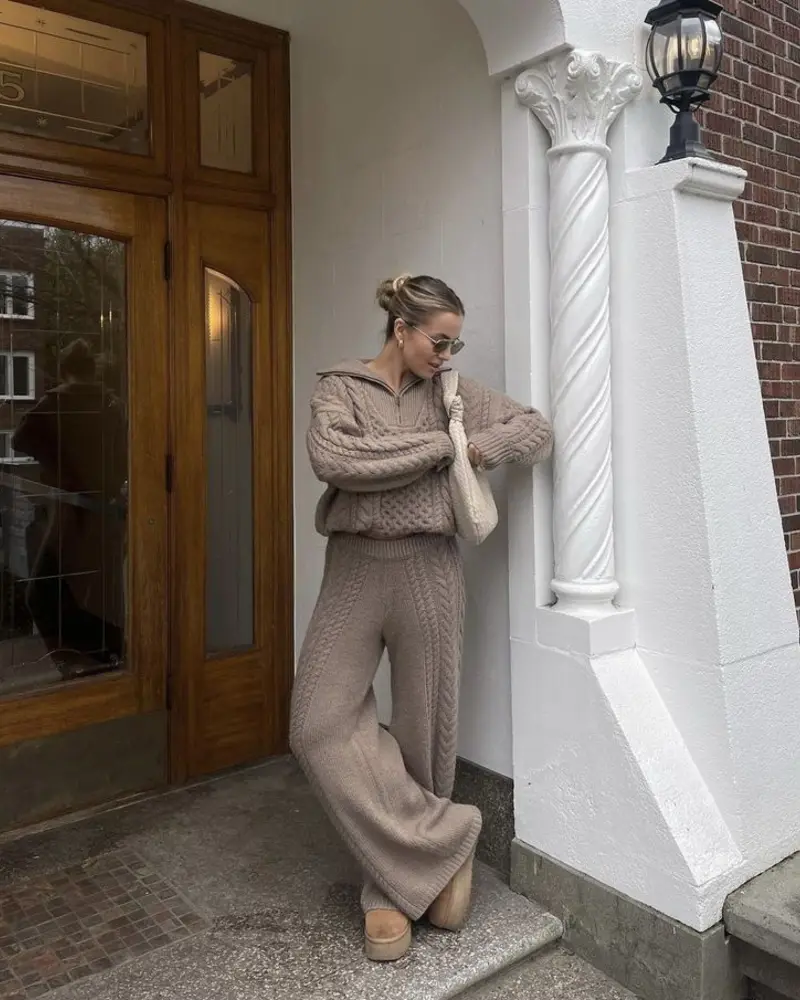 Cable Knit Half-Zip With Matching Wide-Leg Pants