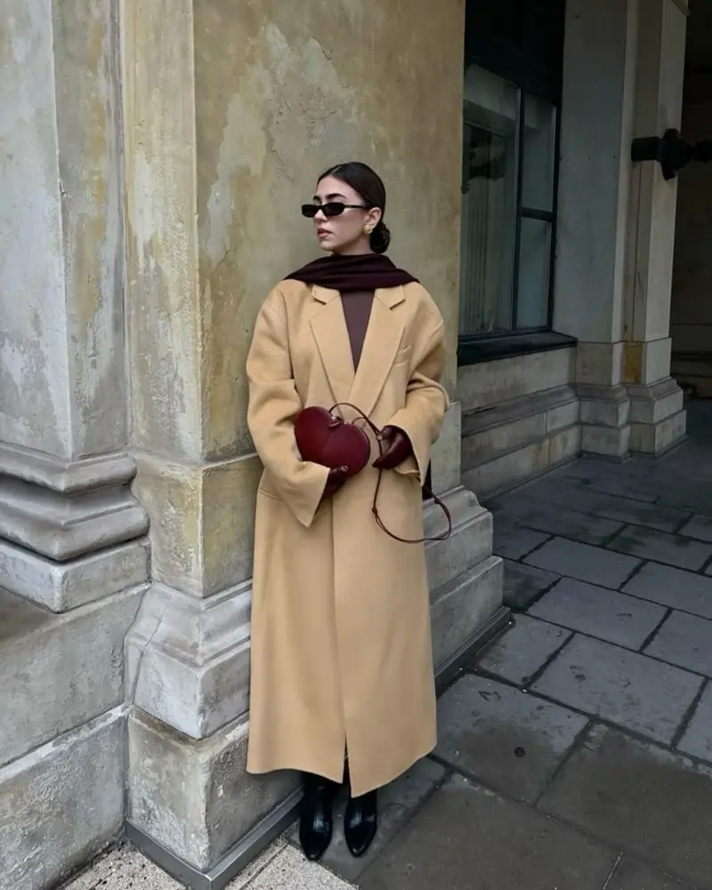 Camel Coat & Burgundy Accents