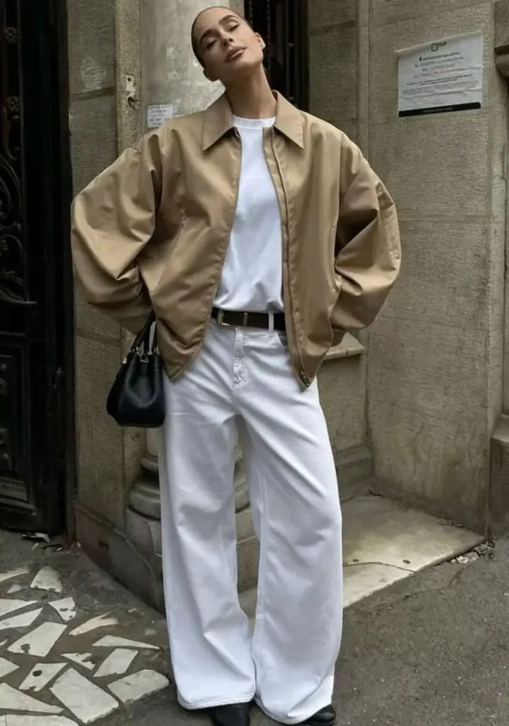 Camel Jacket + White Tee + White Jeans