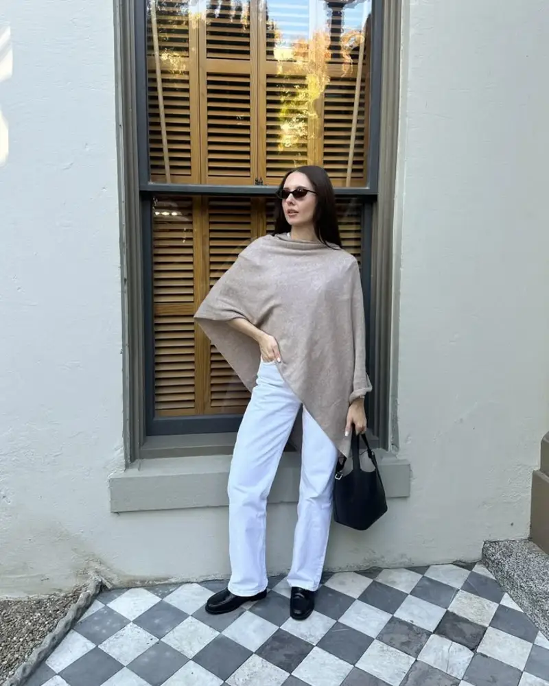 Camel Poncho, White Wide-Leg Denim & Loafers