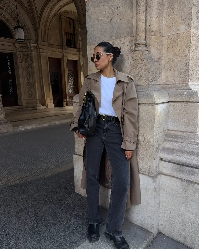 Camel Trench, Tee & Slit Denim Jeans