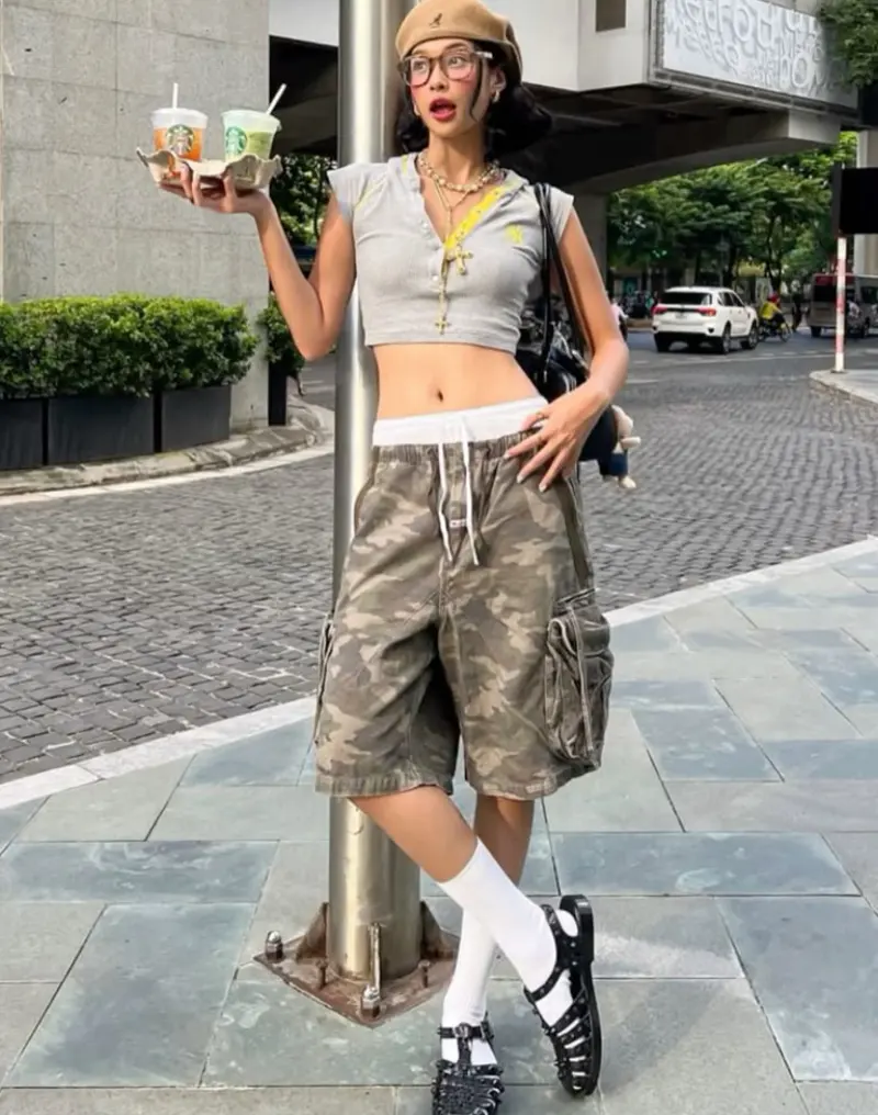 Camo Cargo Shorts & Grey Crop Top