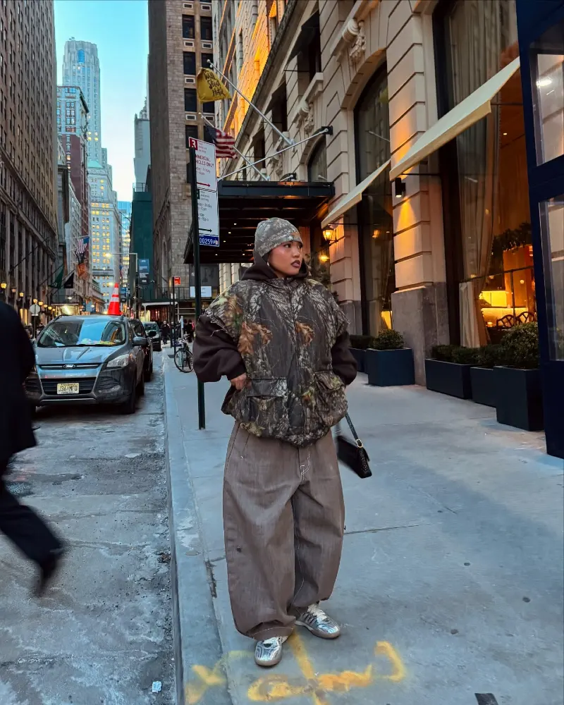 Camo Puffer Vest + Wide-Leg Trousers