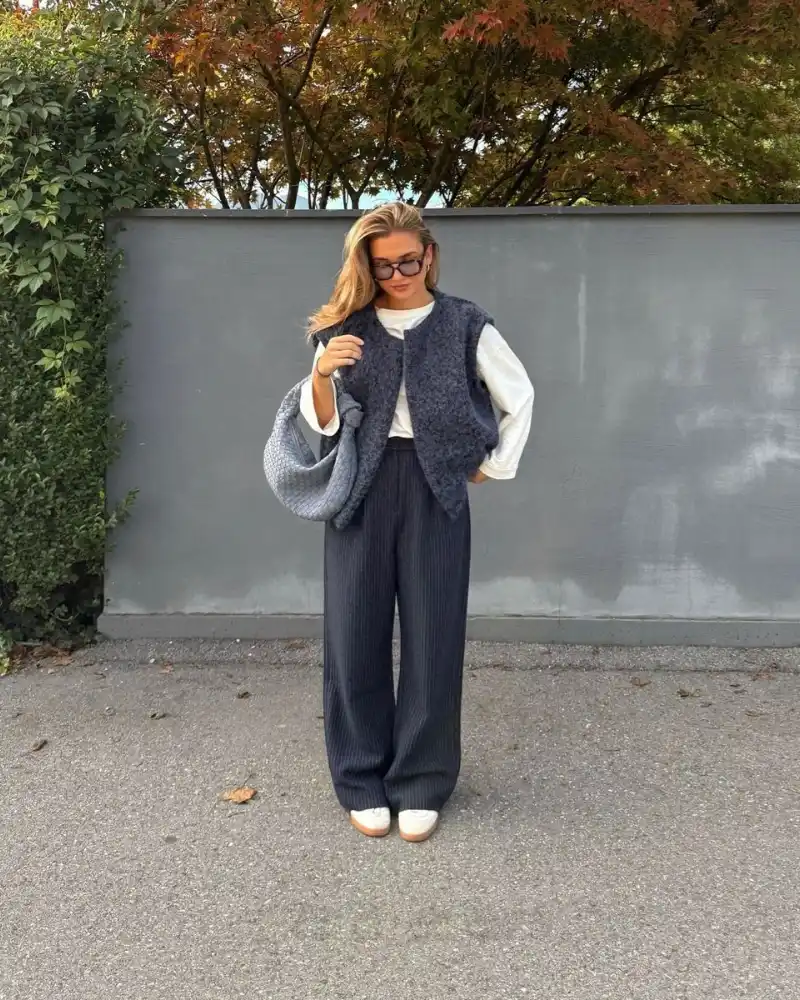 Charcoal Boucle Vest + White Top + Pinstripe Trousers