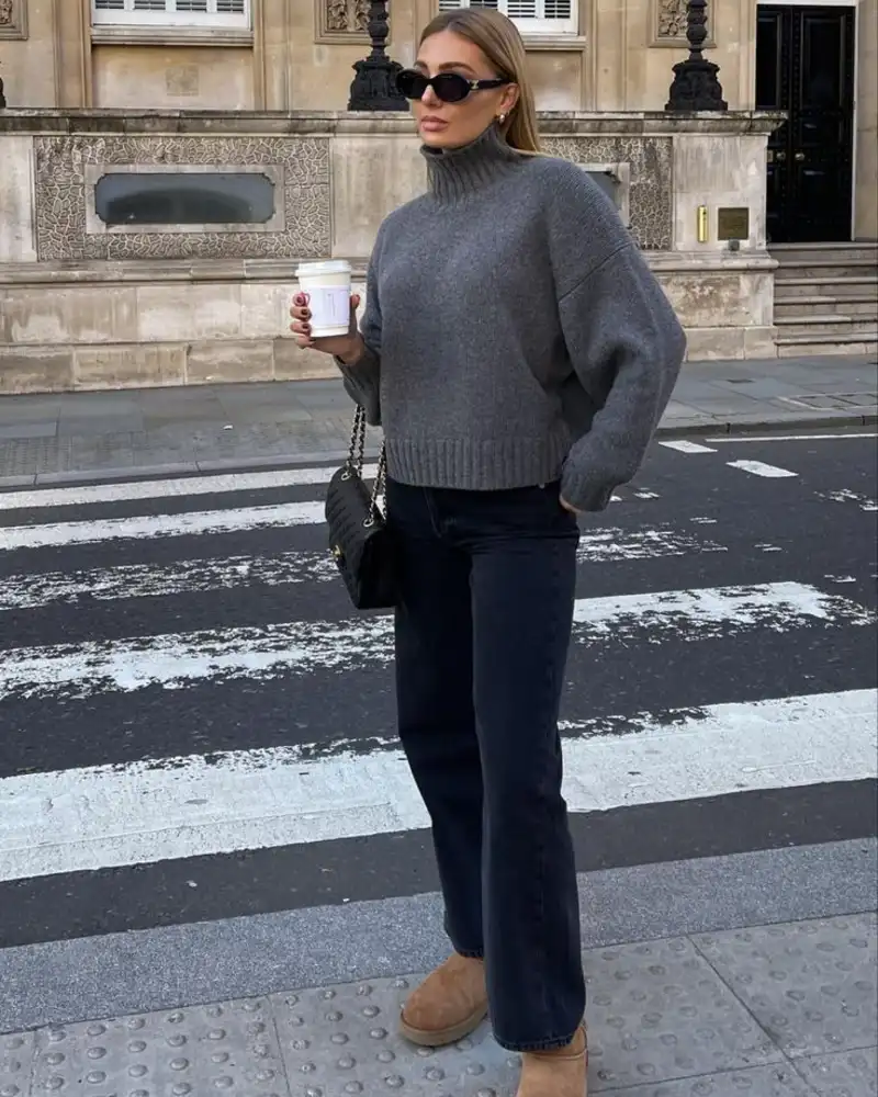 Charcoal Turtleneck Sweater with Straight Jeans