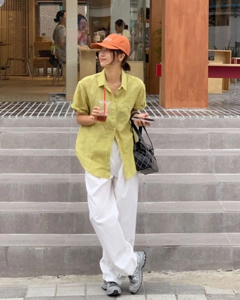Chartreuse Linen Shirt with White Trousers