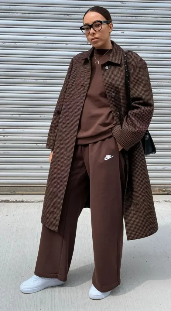 Checked Coat Over Sweatshirt and Joggers