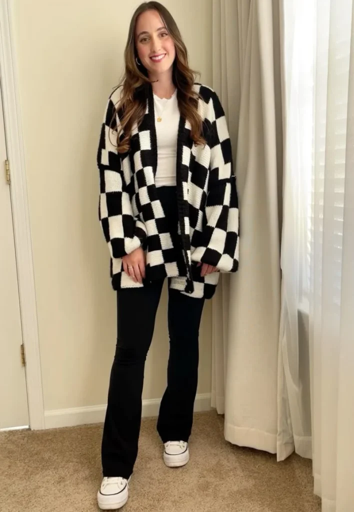 Checkerboard Cardigan With Flared Denim