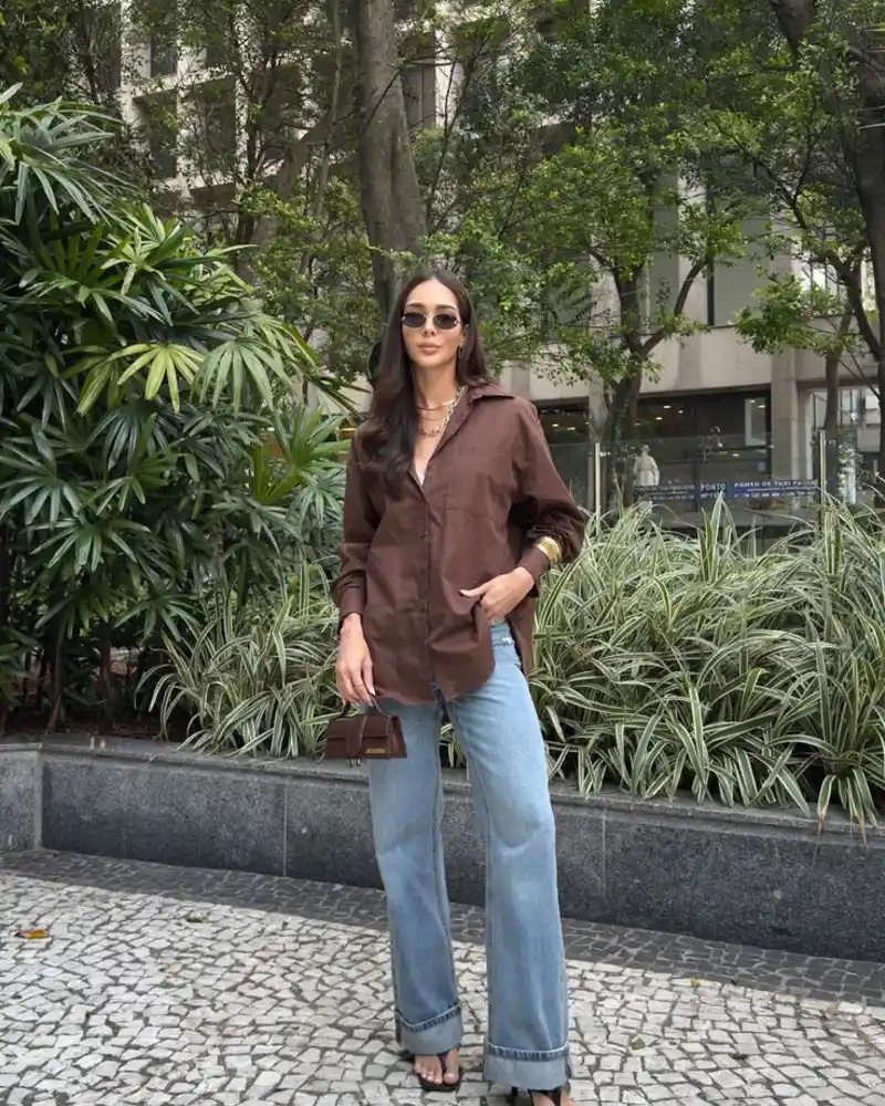 Chocolate Brown Shirt with Faded Denim