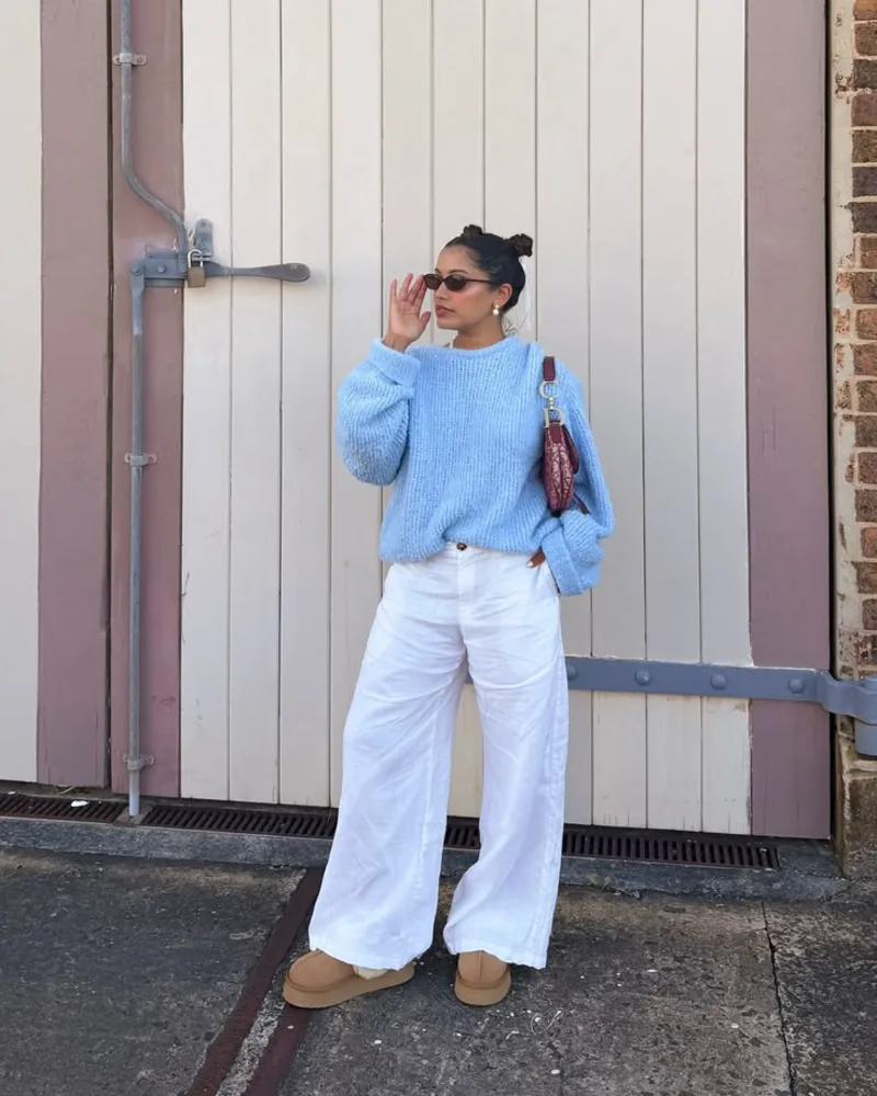 Chunky Blue Knit With White Wide-Leg Trousers