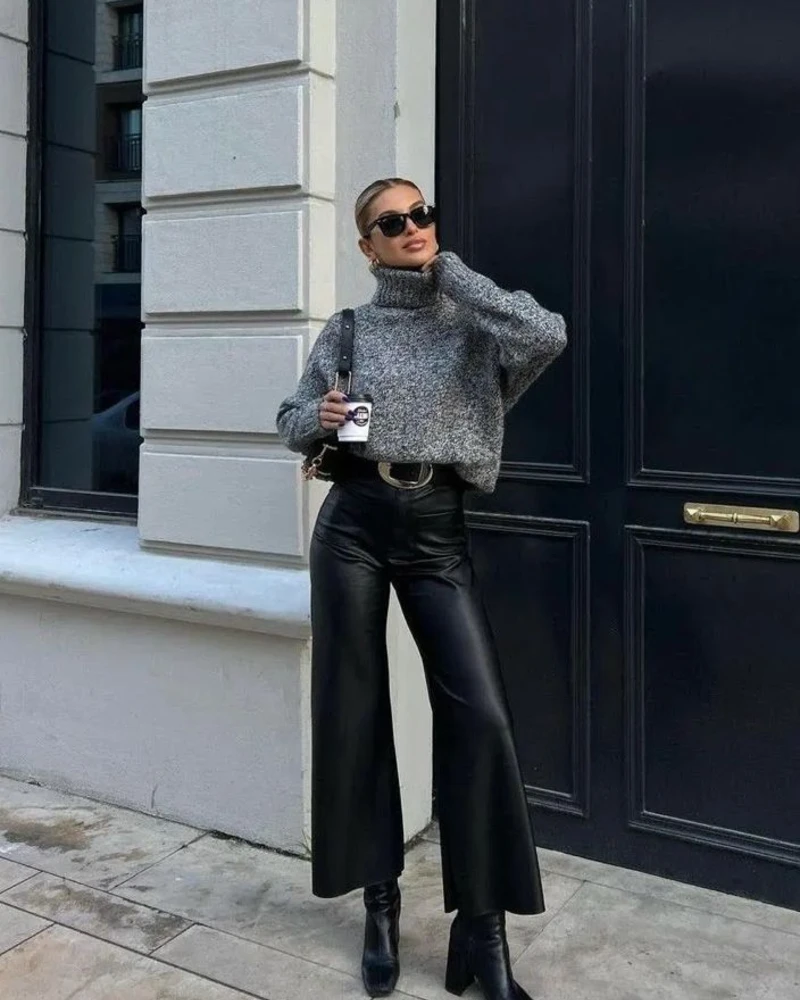Chunky Turtleneck & Leather Trousers