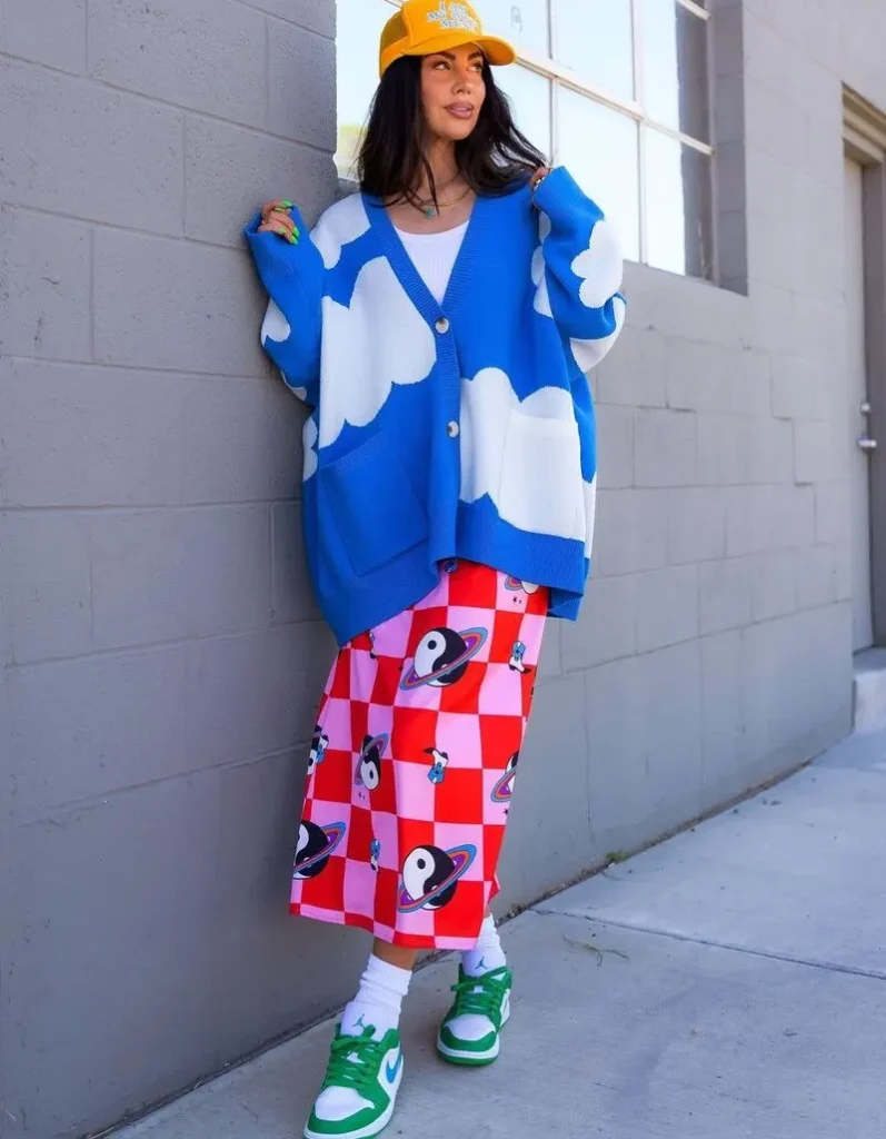 Cloud Cardigan & Checkerboard Skirt