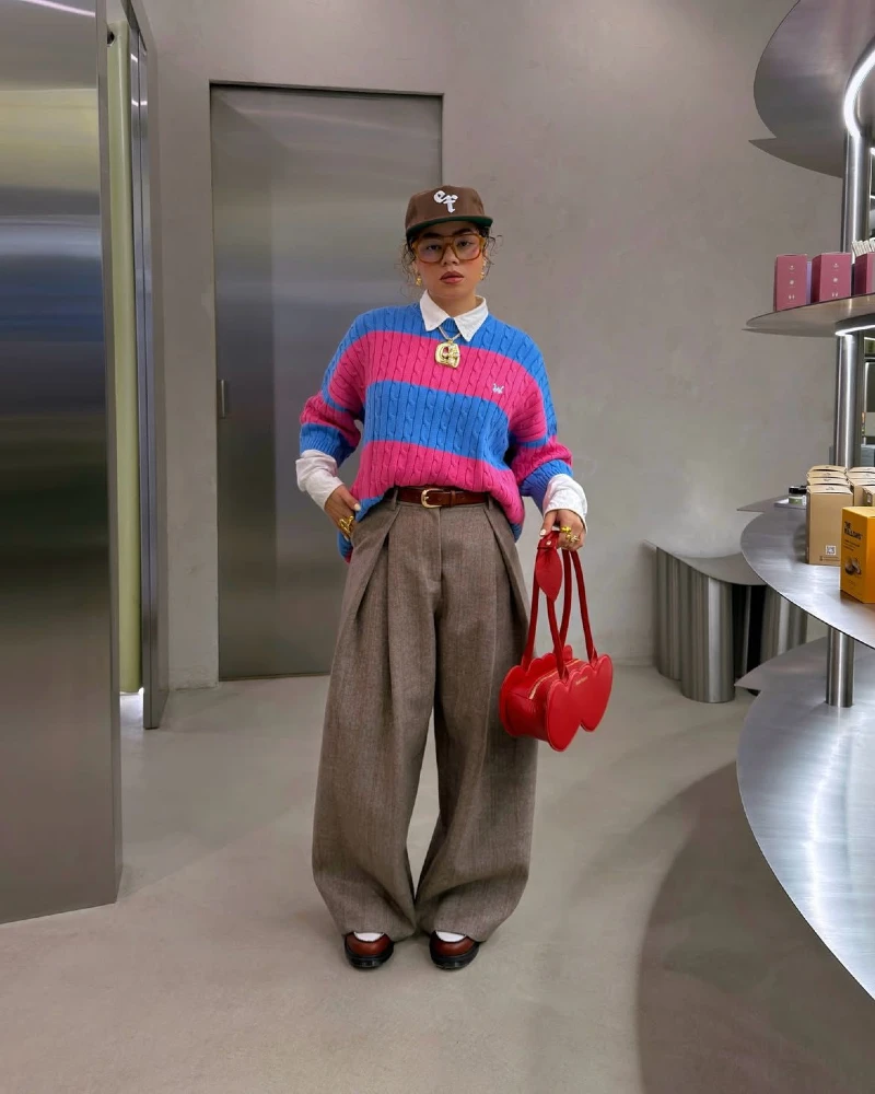 Color-Block Cable Knit and Pleated Wool Trousers