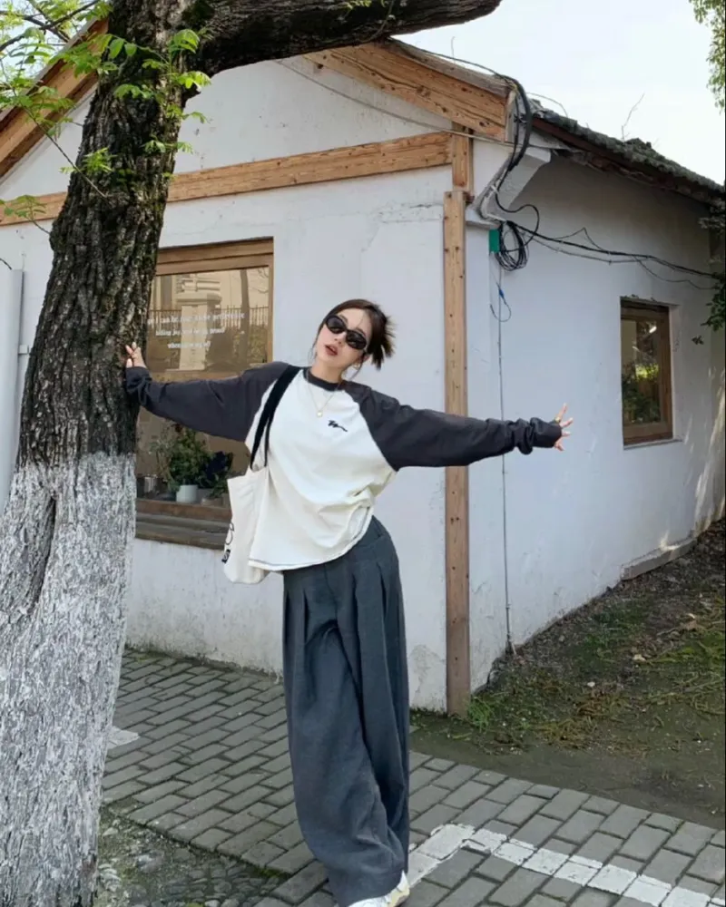 Colorblock Raglan Top + Pleated Trousers