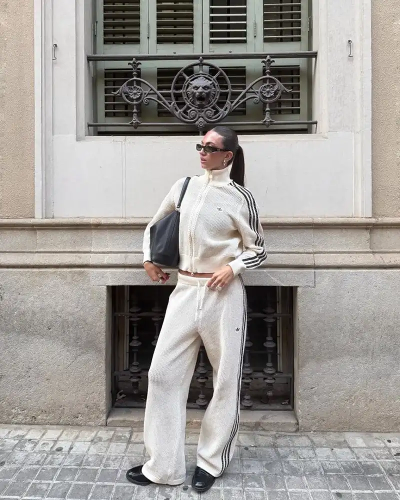 Cream Adidas-Striped Knit Set