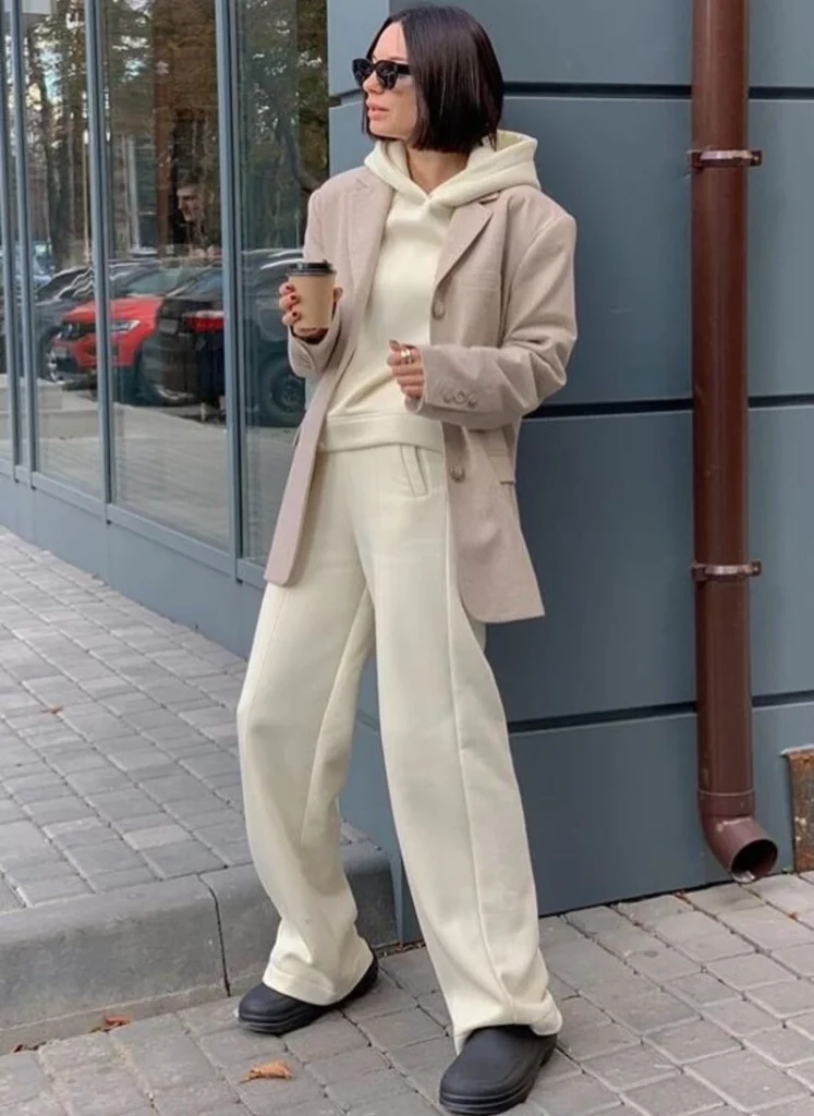  Cream Blazer Over a Matching Hoodie Set