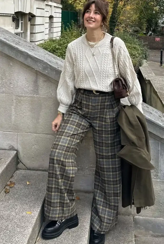 Cream Cable Knit & Plaid Trousers
