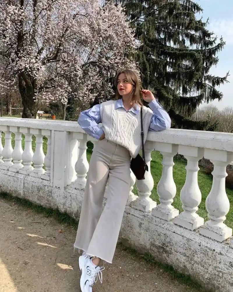 Cream Cable Knit Vest + Blue Shirt + Beige Wide Trouser