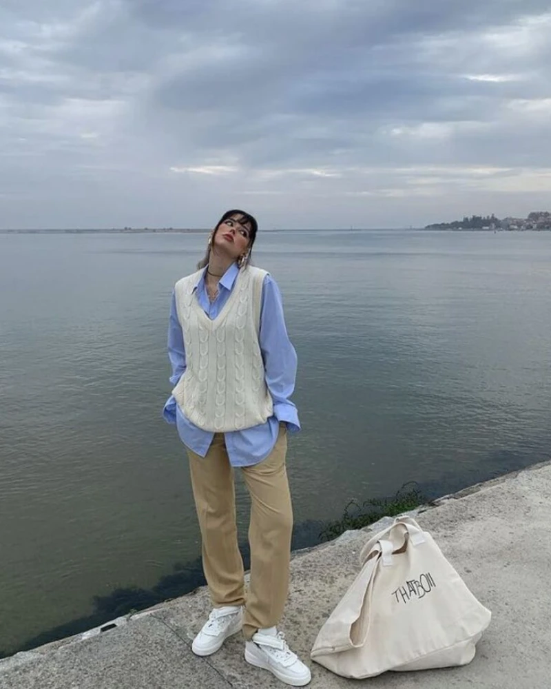 Cream Cable Knit Vest + Blue Shirt + Tan Trousers