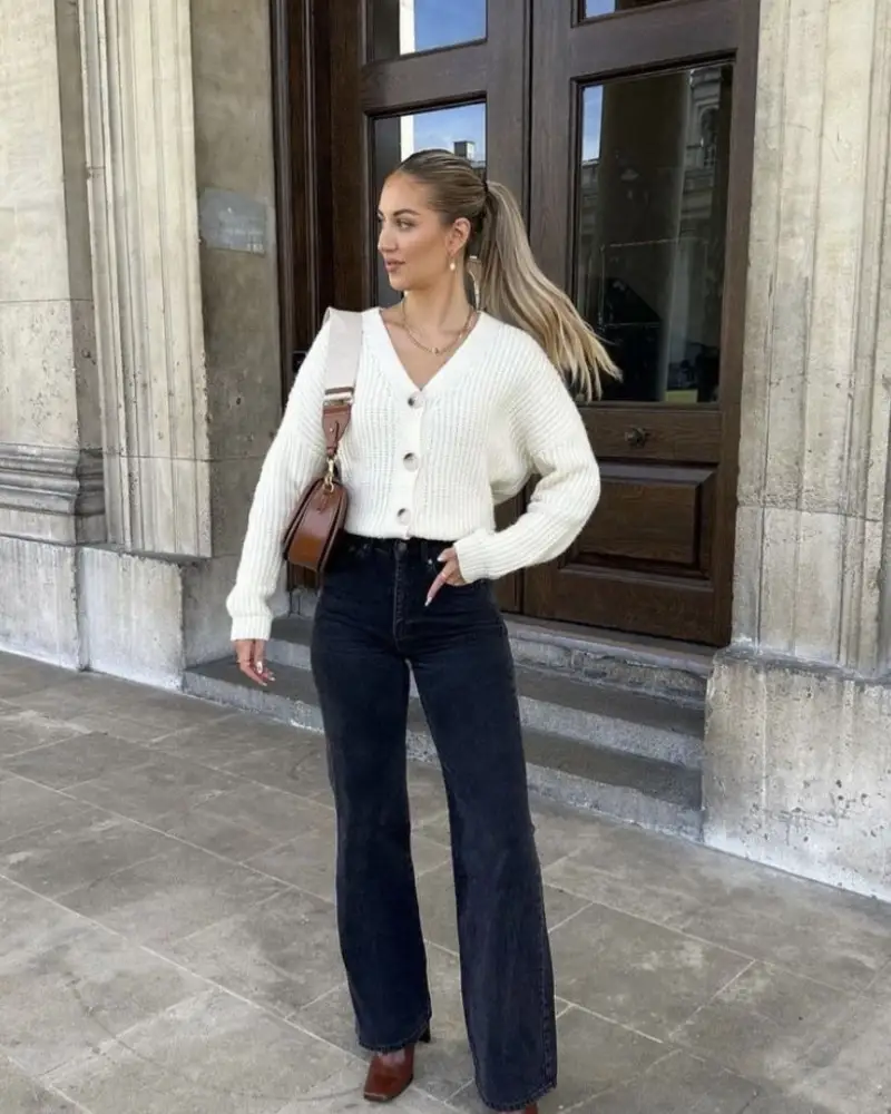 Cream Cardigan, Dark Wide Leg Jeans, Heeled Boots