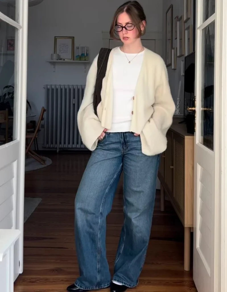Cream Cardigan & Wide-Leg Jeans
