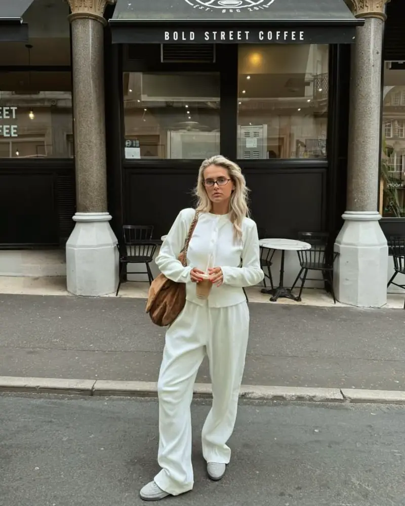 Cream Cardigan and Trouser Set With Loafers