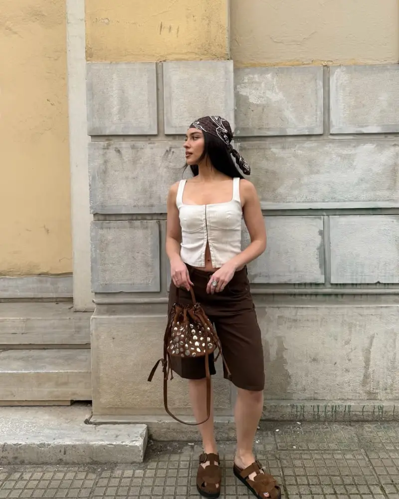  Cream Corset Top and Brown Shorts
