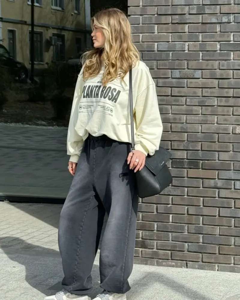 Cream Graphic Sweatshirt + Charcoal Wide-Leg Sweatpants
