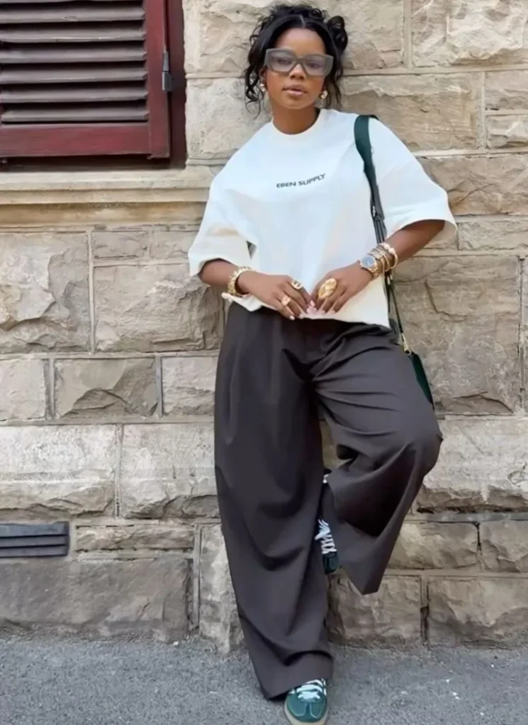 Cream Graphic Tee, Charcoal Wide Trousers, Green Accents