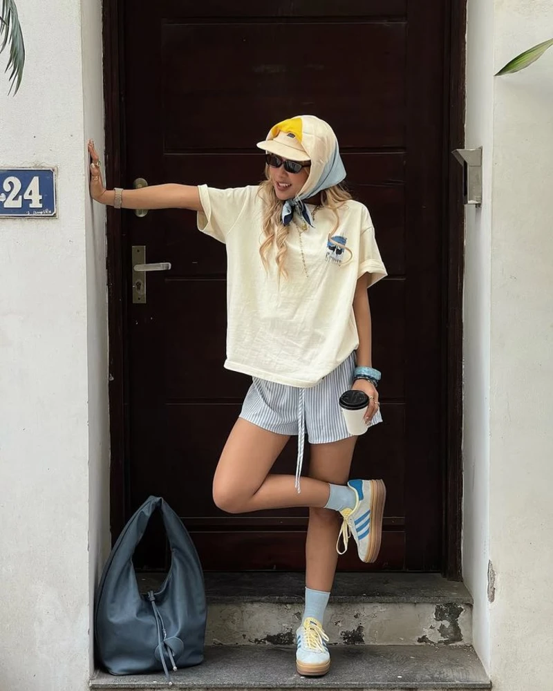 Cream Graphic Tee + Striped Shorts