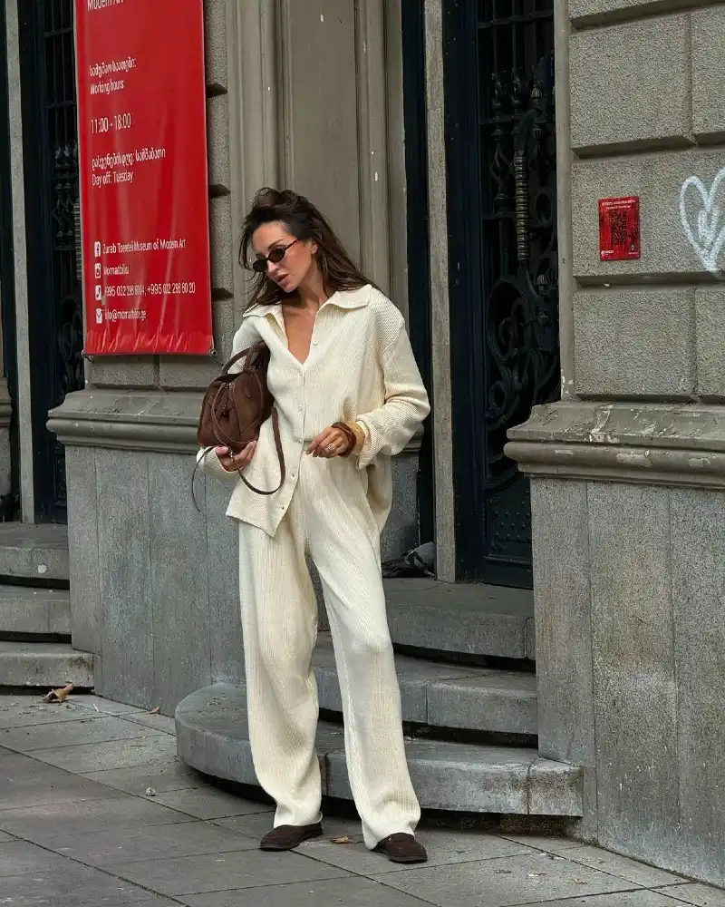 Cream Knit Shirt & Trouser Set