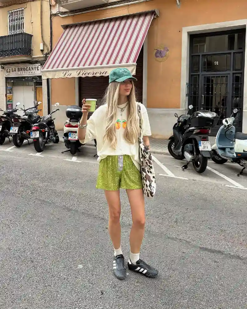 Cream Peach Tee & Green Sequin Shorts