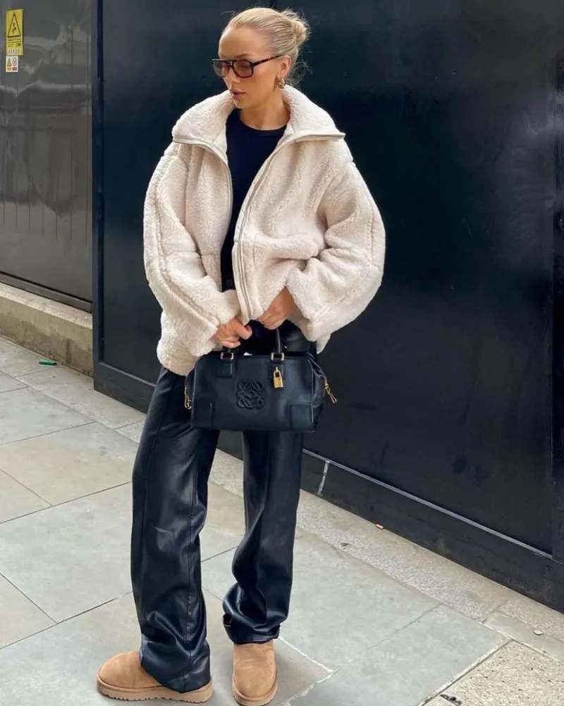 Cream Shearling Jacket & Leather Trousers