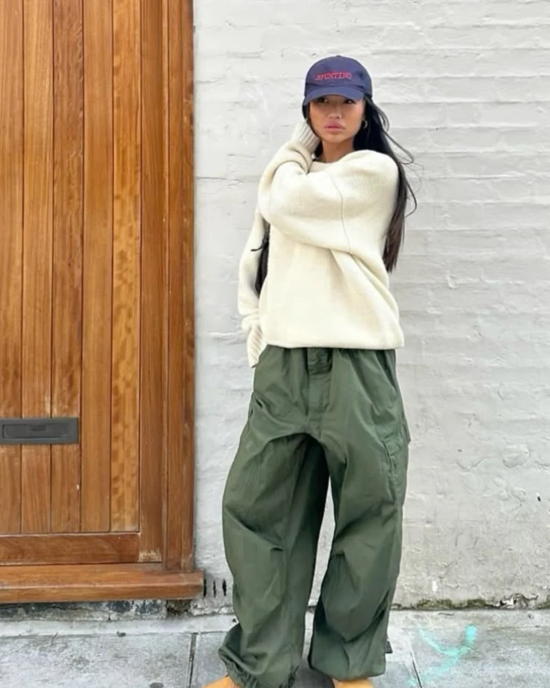 Cream Sweater + Olive Cargo Pants + Tan Boots