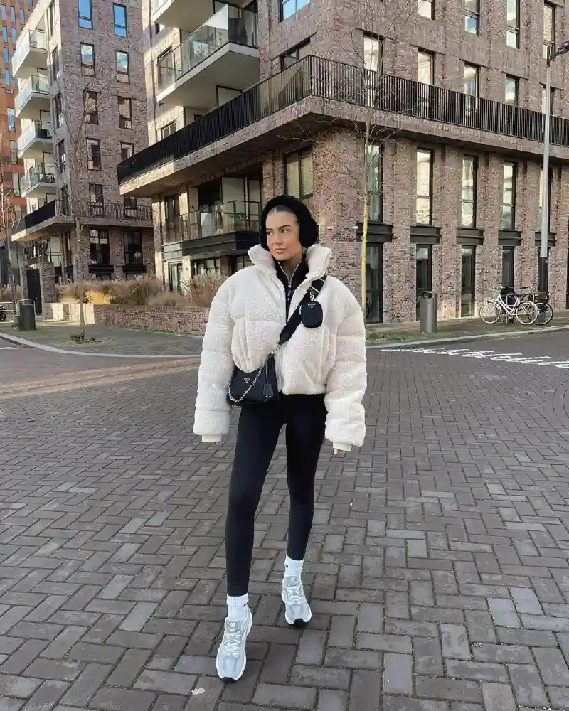 Cream Teddy Puffer with Black Leggings