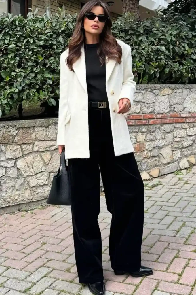 Cream Textured Blazer & Black Trousers