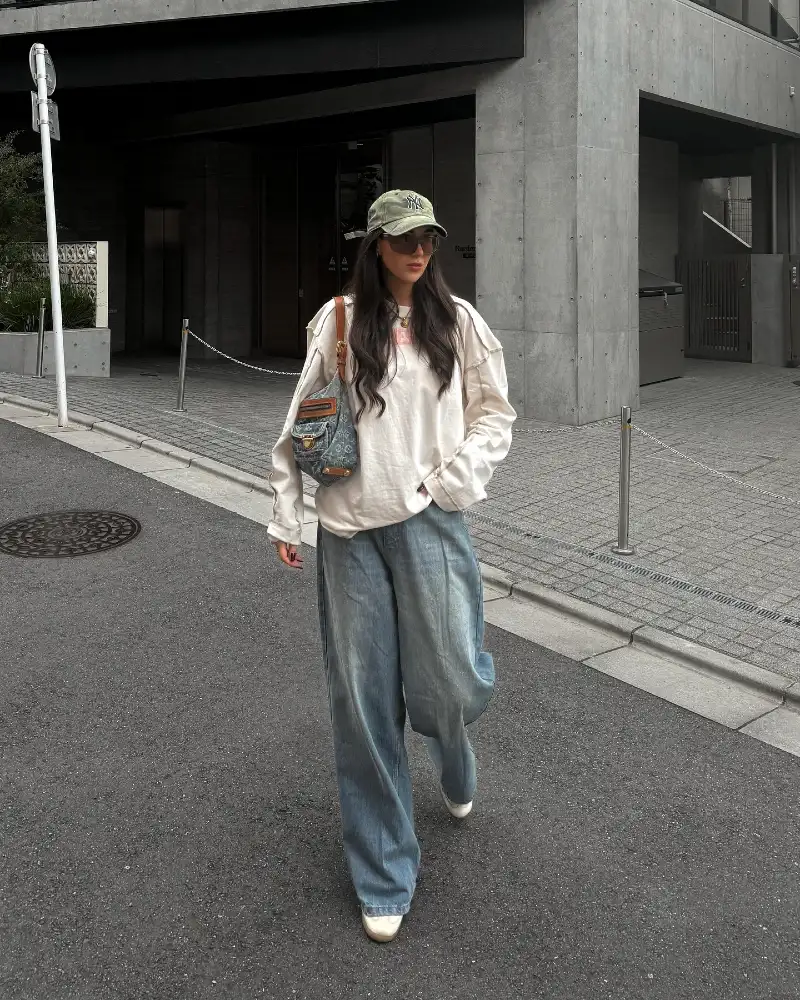 Cream Top + Light Wash Wide-Leg Jeans
