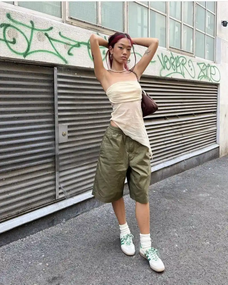 Cream Tube Top and Olive Shorts