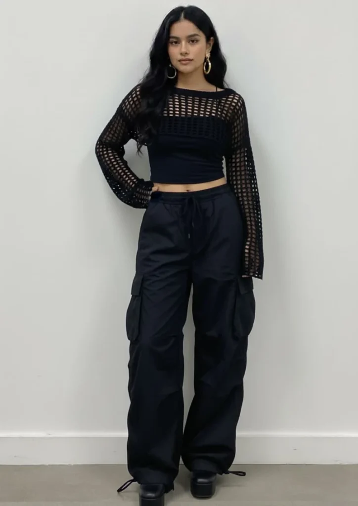 Crochet Mesh Top With Cargo Pants