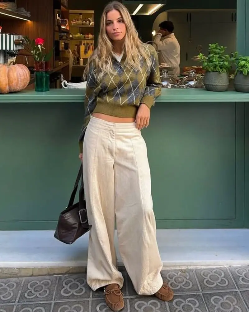Cropped Argyle Sweater with Corduroy Trousers