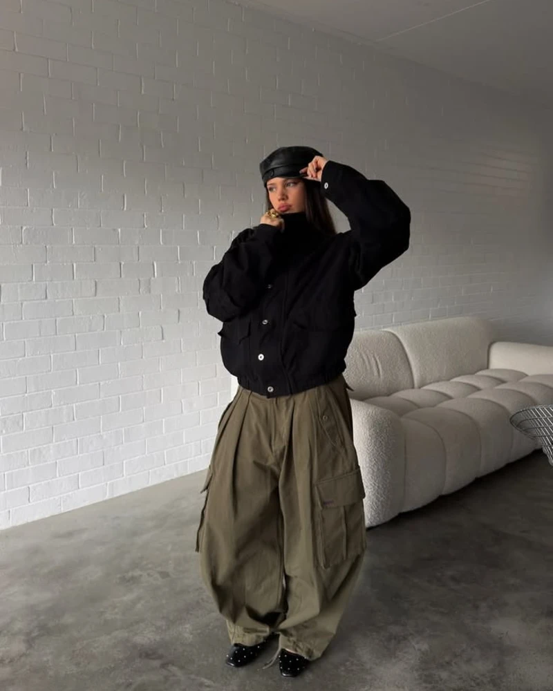 Cropped Bomber + Wide-Leg Cargo Pants