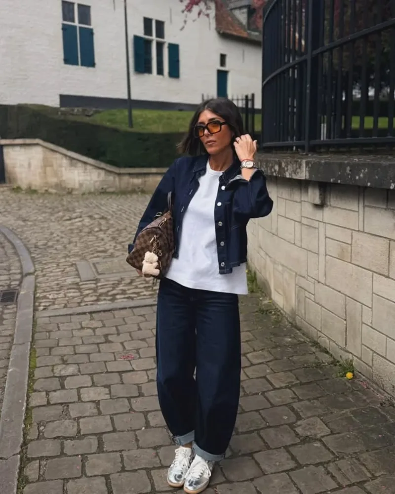 Cropped Denim Jacket & Rolled Wide-Leg Jeans