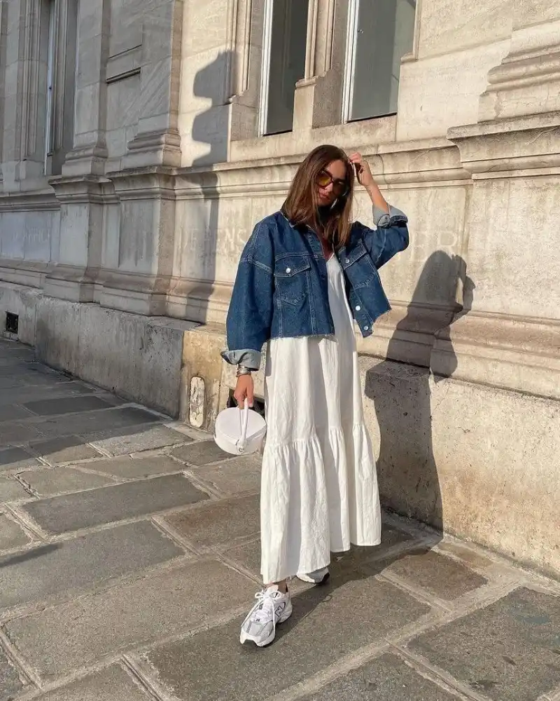 Cropped Denim Jacket & White Tiered Maxi Dress
