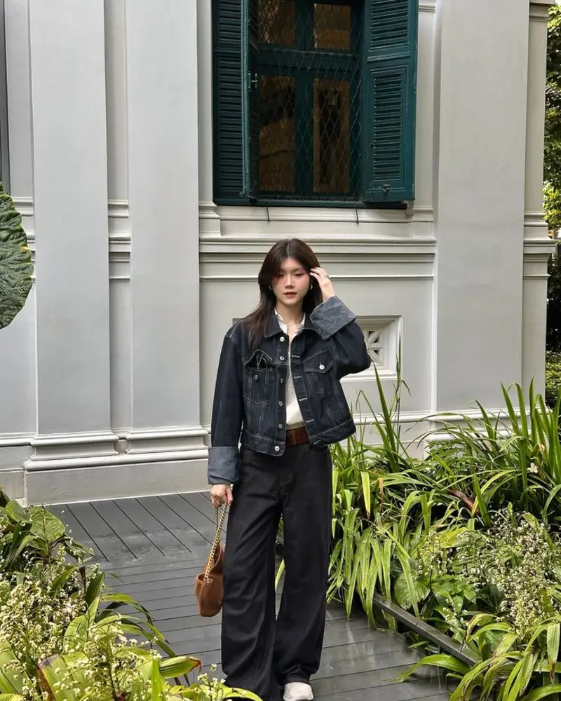Cropped Denim Jacket & Wide Trousers