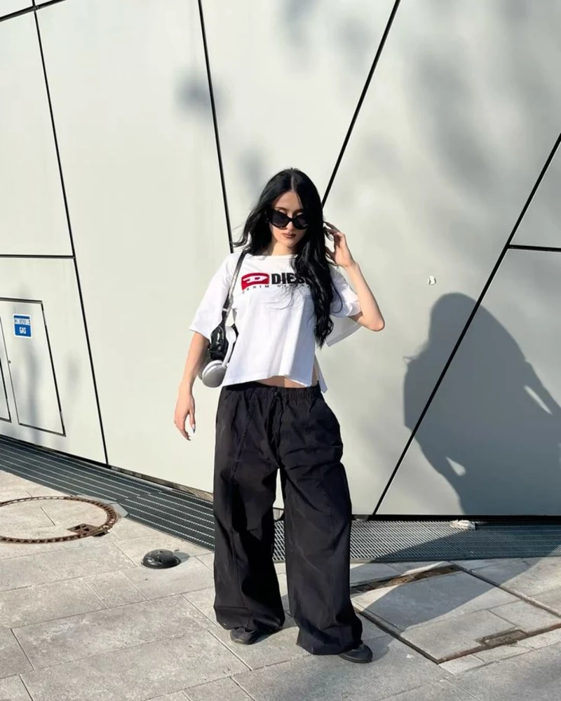 Cropped Graphic Tee and Wide-Leg Parachute Pants