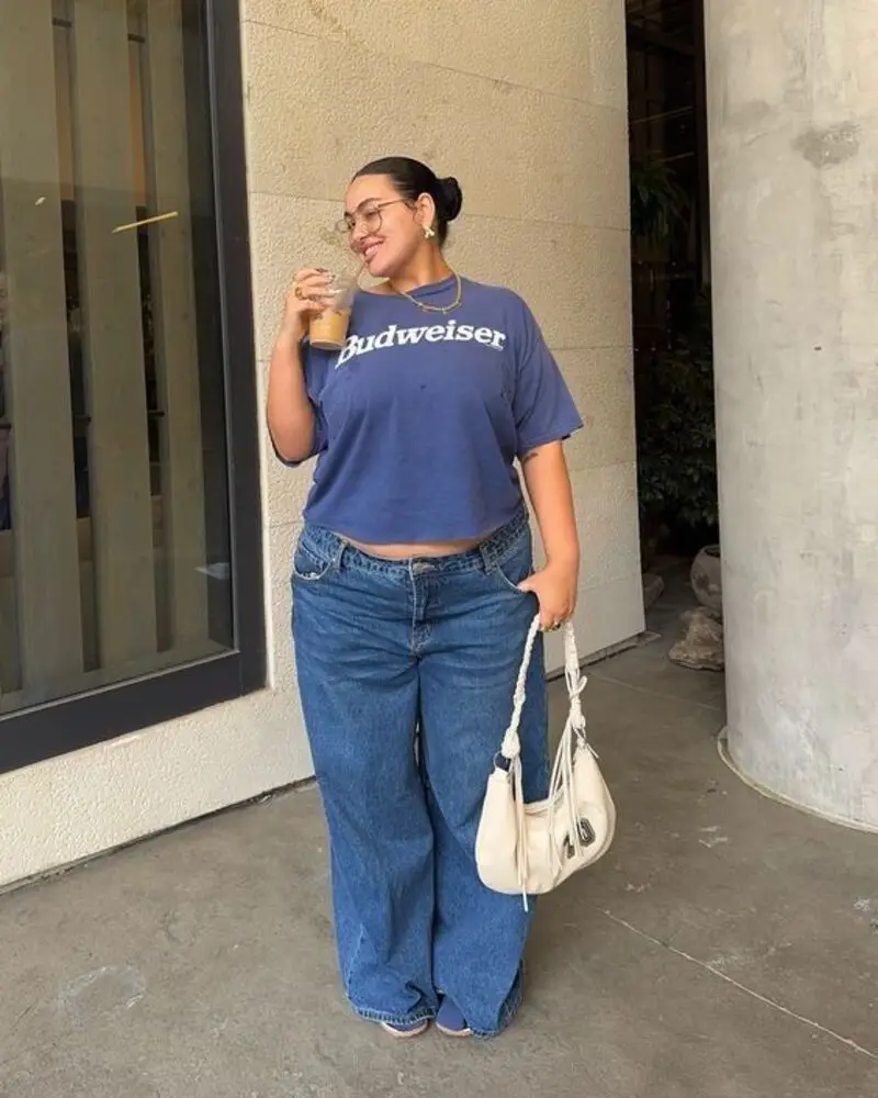 Cropped Graphic Tee with Classic Wide-Leg Denim