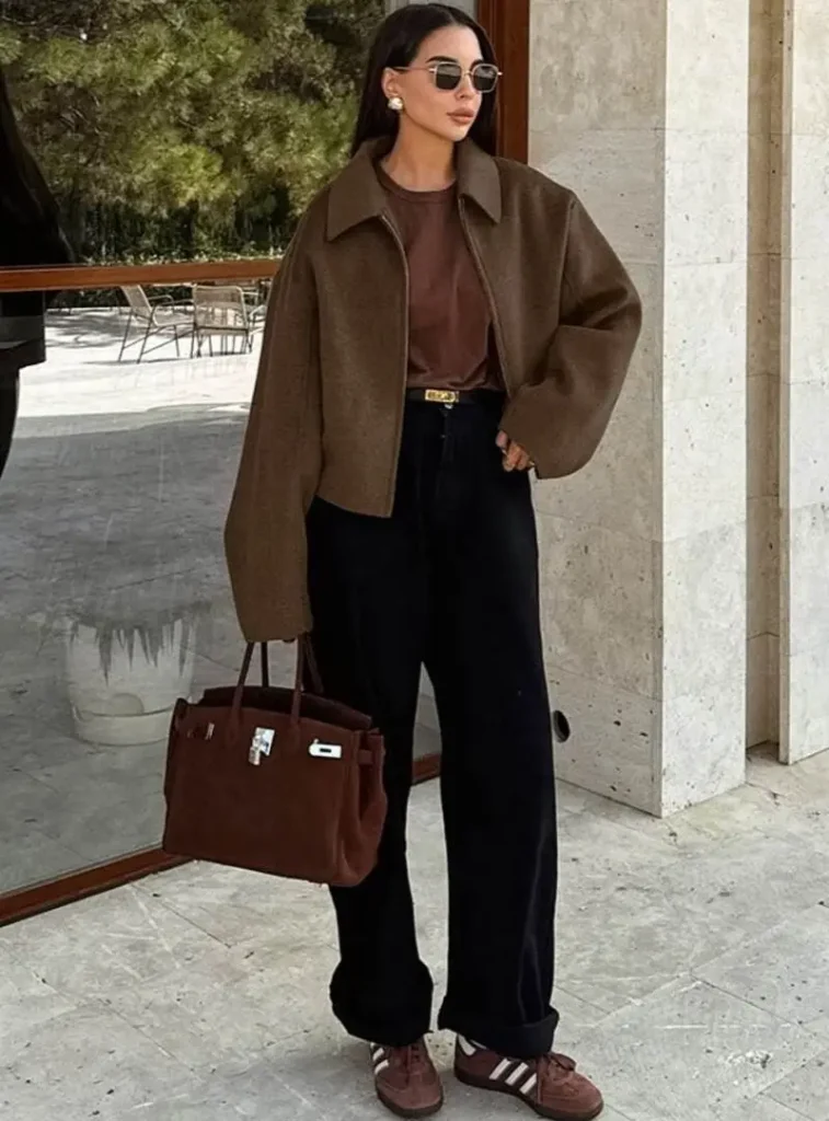 Cropped Jacket + Straight-Leg Trousers + Adidas Sneakers