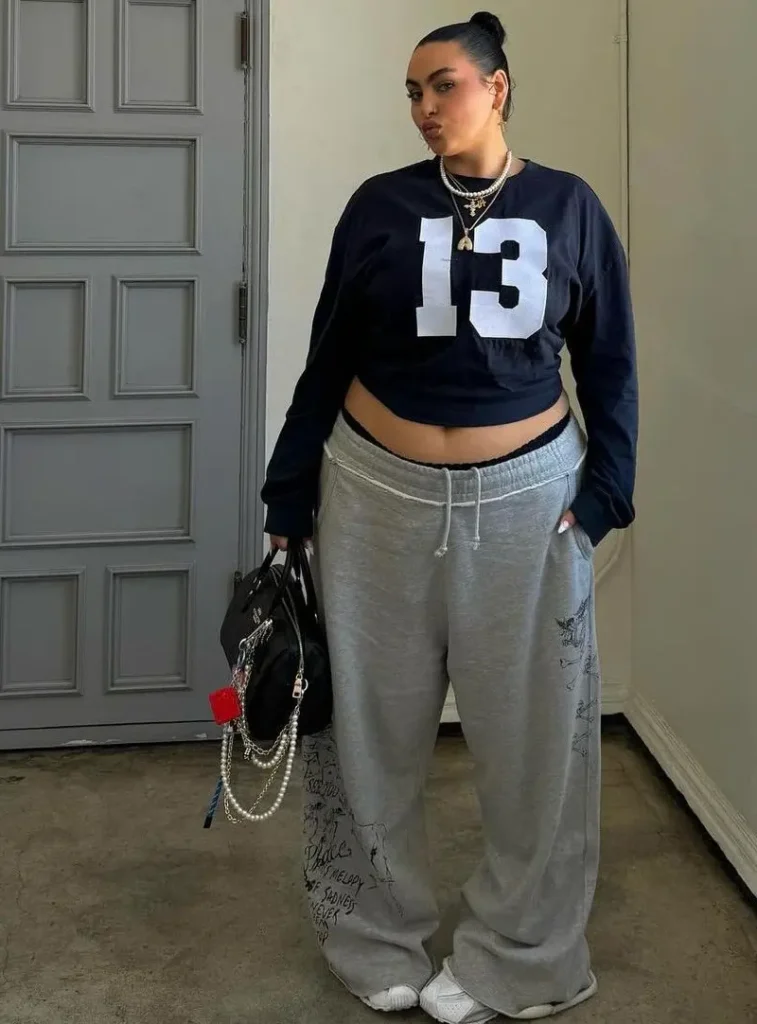 Cropped Jersey Sweatshirt with Sweatpants and Layered Bags